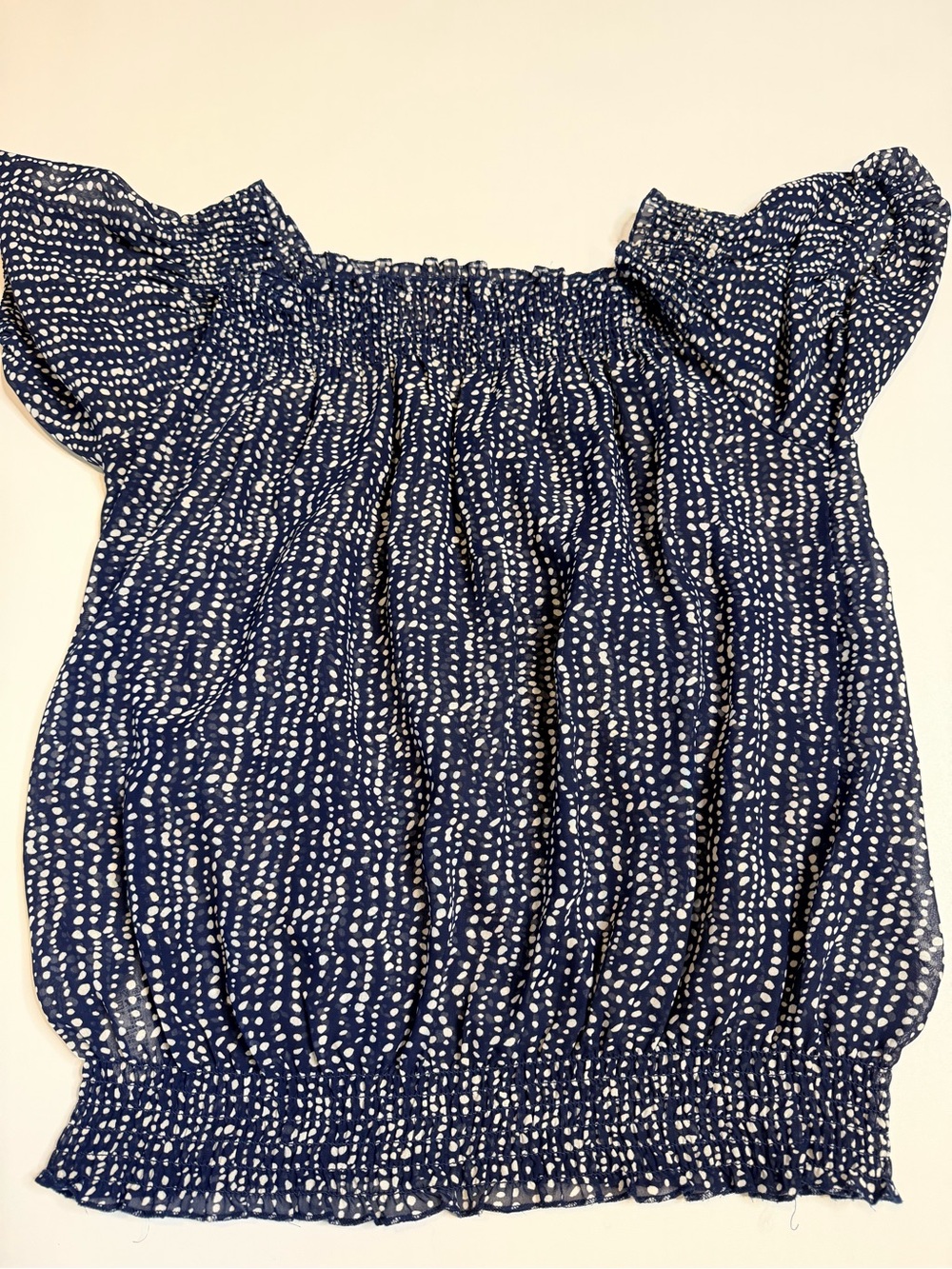 Off-Shoulder Navy Dot Peasant Top - Sheer so a tube top is necessary